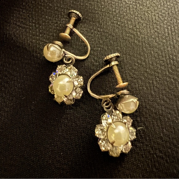 Sterling Jewelry - Vintage Signed Sterling Pearl & Rhinestone Screw Back Earrings